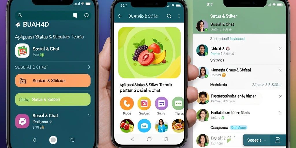 Antarmuka BUAH4D menampilkan berbagai pilihan stiker dan status menarik.