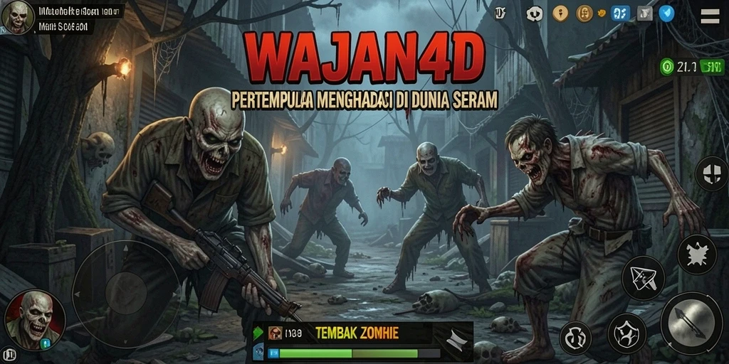 Tampilan antarmuka WAJAN4D menunjukkan aksi tembak zombie yang intens.